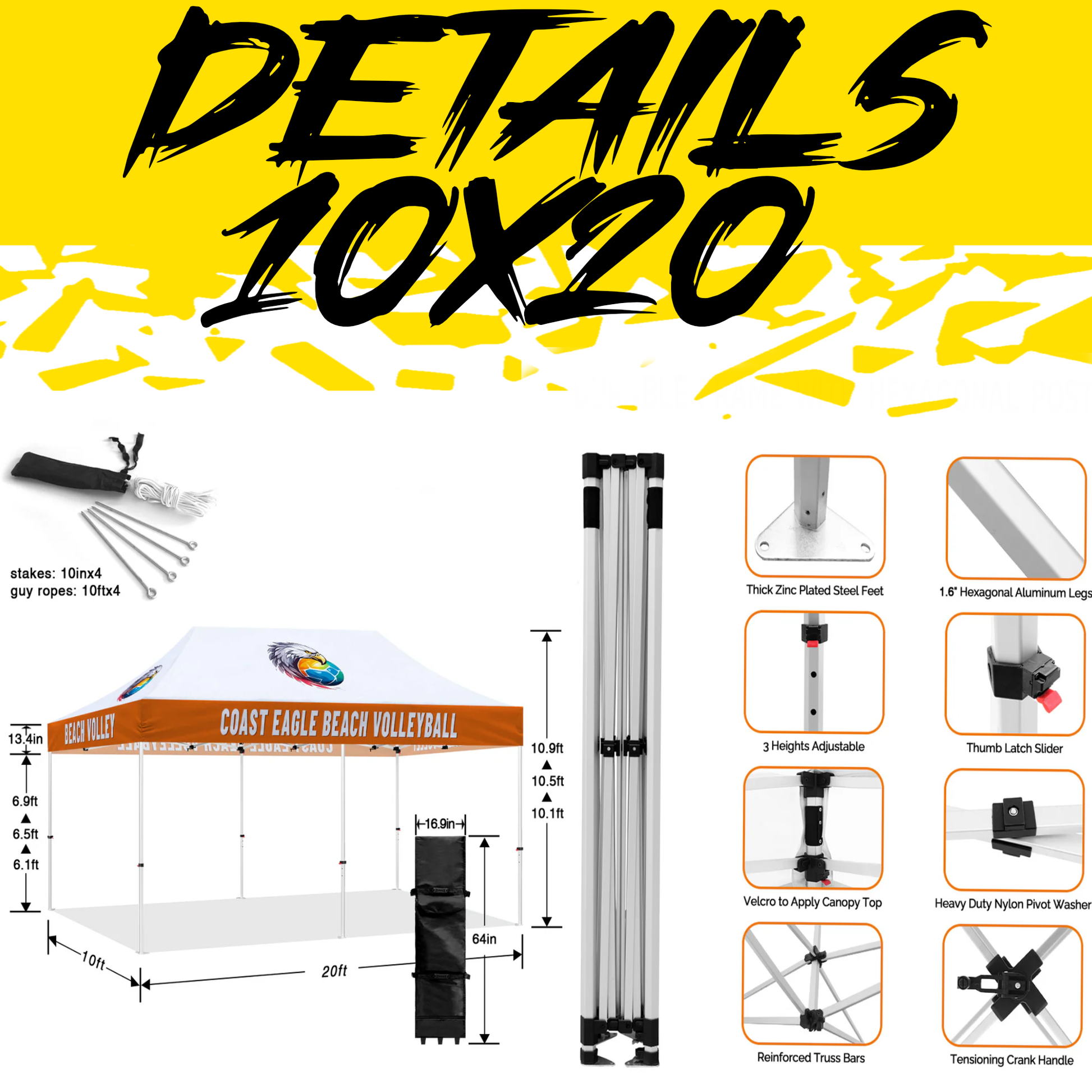 10x20 Custom Canopy Tent with a spacious design, featuring a durable steel frame and weather-resistant polyester fabric. The canopy offers ample coverage for large outdoor events, trade shows, festivals, and promotional setups, with custom branding options for maximum visibility.