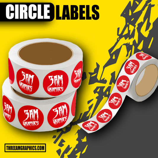 Roll of circular labels with vibrant colors and custom graphics for versatile labeling