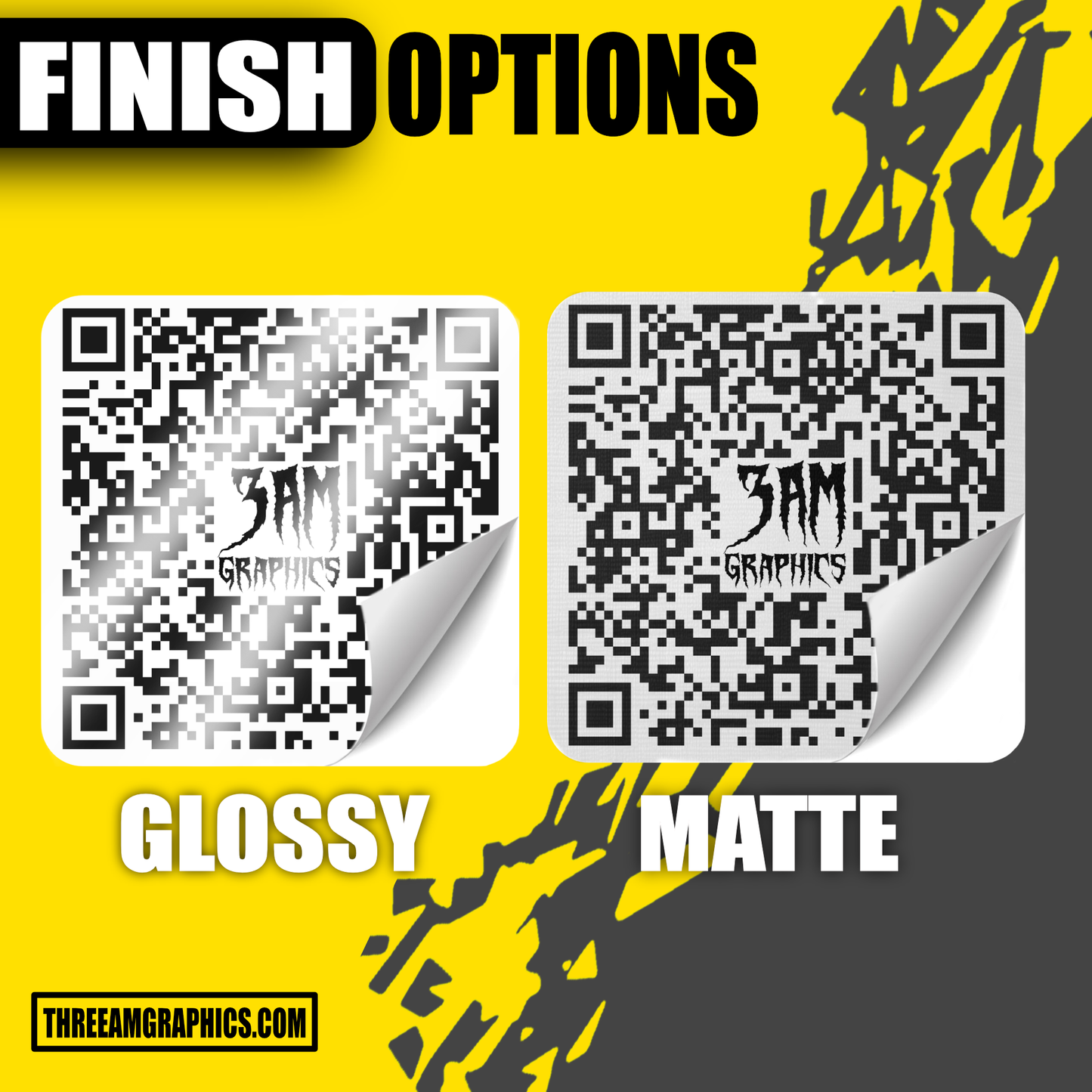 Display of different finishes available for QR codes, including glossy, matte, and textured options