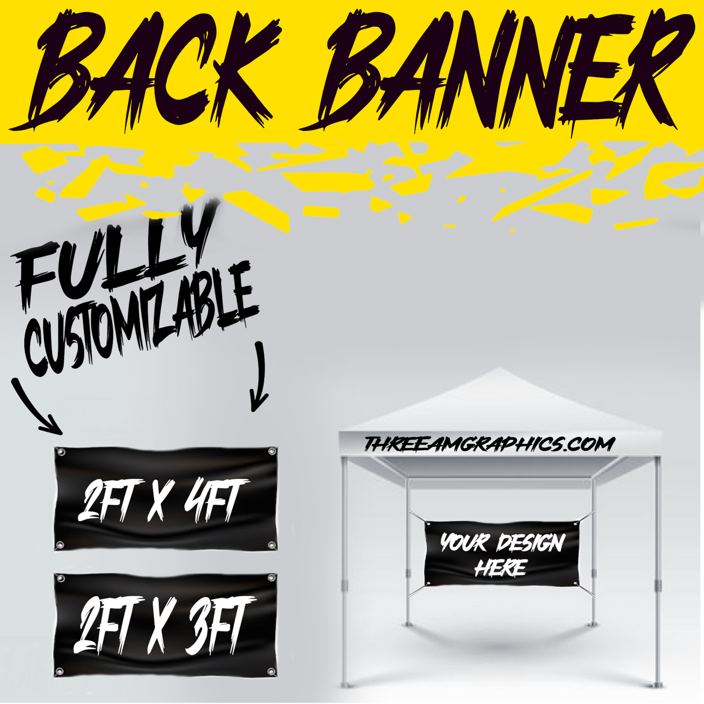 Image displaying the available sizes for back canopy banners, with each size labeled for easy reference