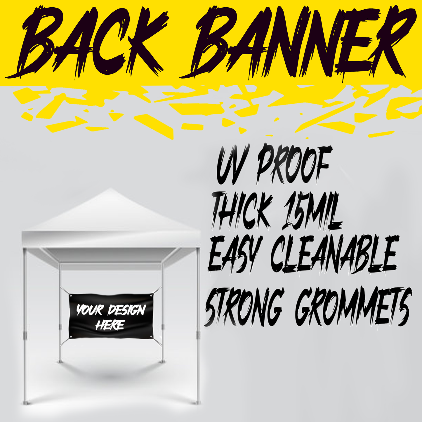 Image highlighting the key features of a back canopy banner, including weather resistance, vibrant printing, and reinforced edges