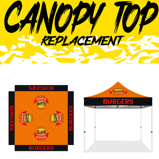 Custom Canopy Replacement Top made from durable, UV-resistant polyester fabric, featuring full-color printing for logos and graphics. Ideal for replacing worn-out canopy covers, providing weather-resistant protection and a professional look for outdoor events, trade shows, and markets.