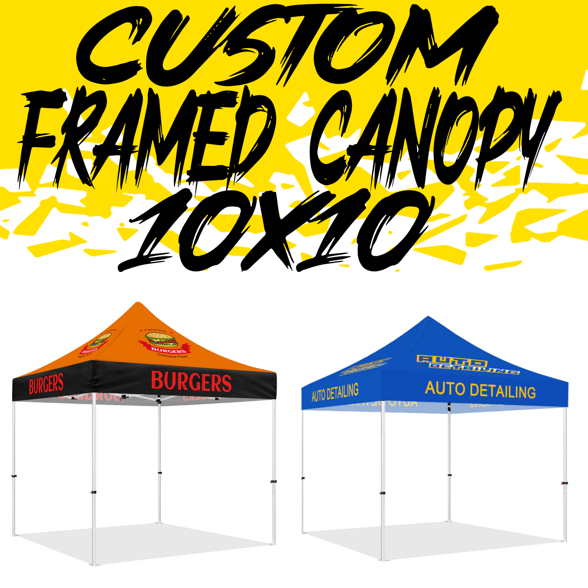 10x10 Custom Canopy Tent with a personalized design, featuring a durable steel frame and weather-resistant polyester fabric, providing shade and shelter for outdoor events, trade shows, festivals, and more. Custom logo and graphics displayed on the canopy for branding