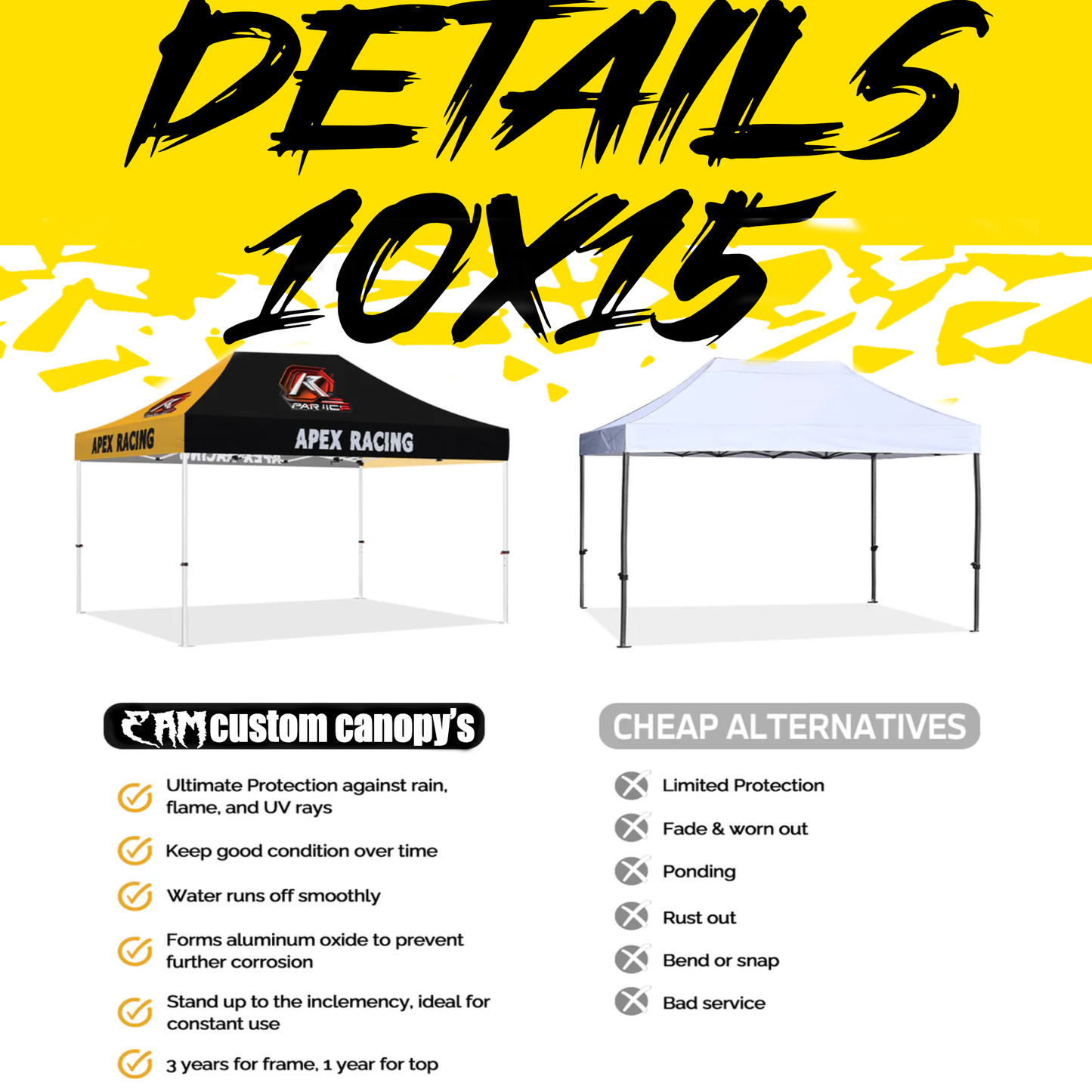 10x15 Custom Canopy Tent featuring a large, personalized design with a durable steel frame and weather-resistant polyester fabric, offering spacious shelter and protection for outdoor events, trade shows, festivals, and more. Custom branding displayed on the canopy for enhanced visibility.