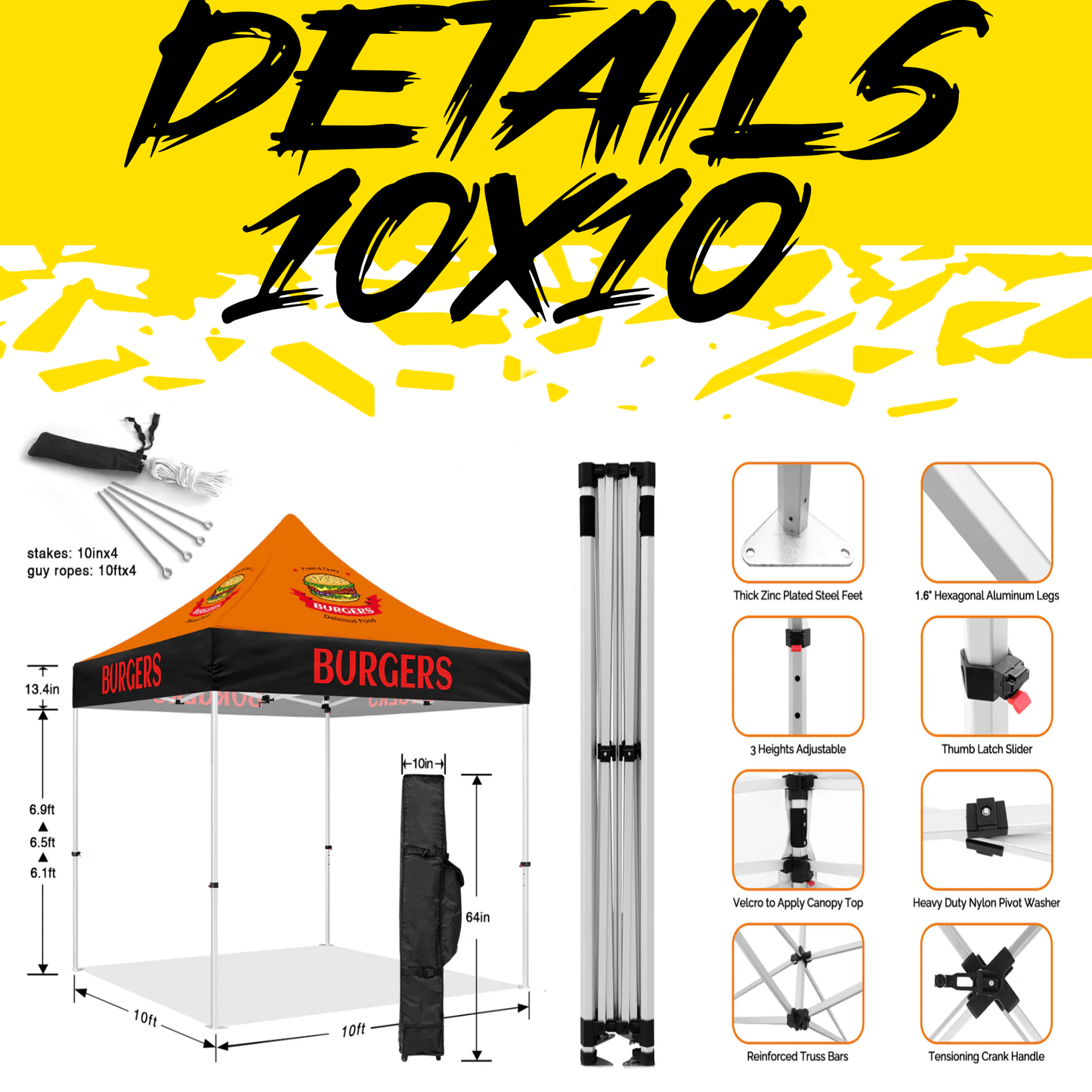 10x10 Custom Canopy Tent with a personalized design, featuring a durable steel frame and weather-resistant polyester fabric, providing shade and shelter for outdoor events, trade shows, festivals, and more. Custom logo and graphics displayed on the canopy for branding