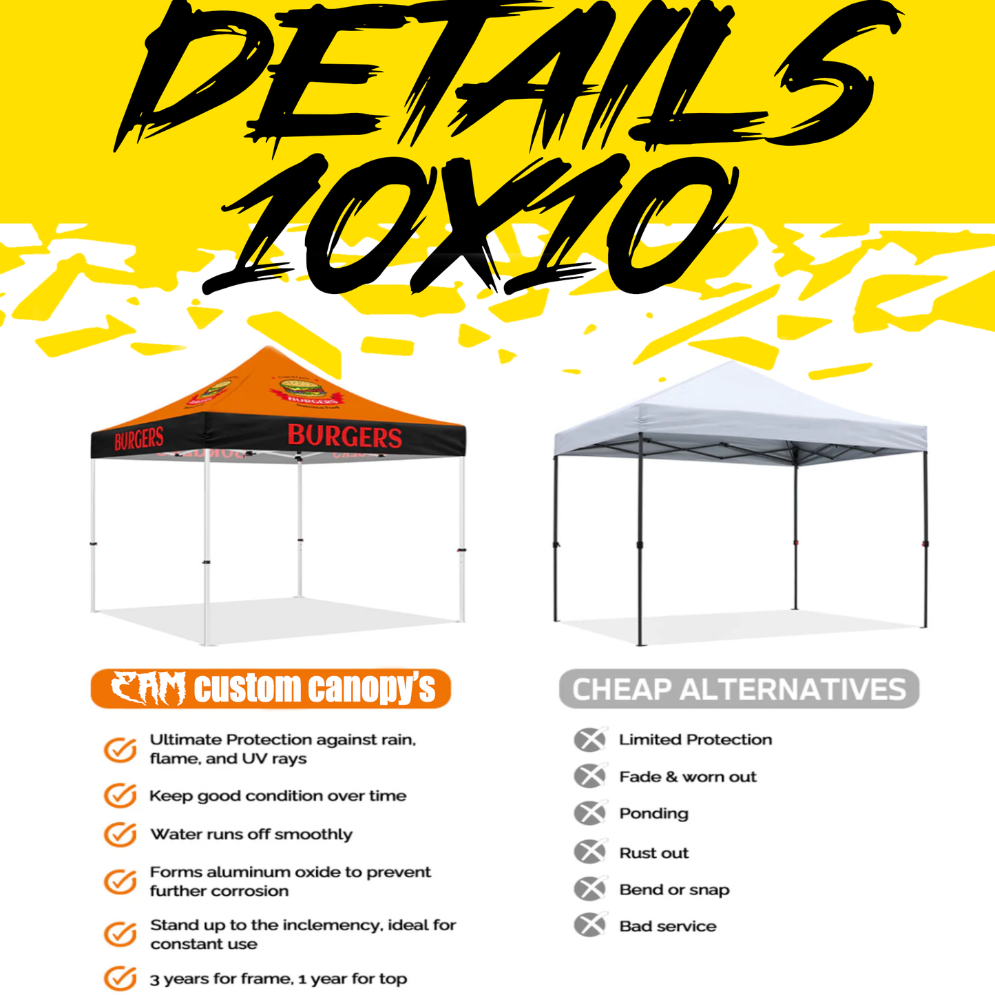 10x10 Custom Canopy Tent with a personalized design, featuring a durable steel frame and weather-resistant polyester fabric, providing shade and shelter for outdoor events, trade shows, festivals, and more. Custom logo and graphics displayed on the canopy for branding