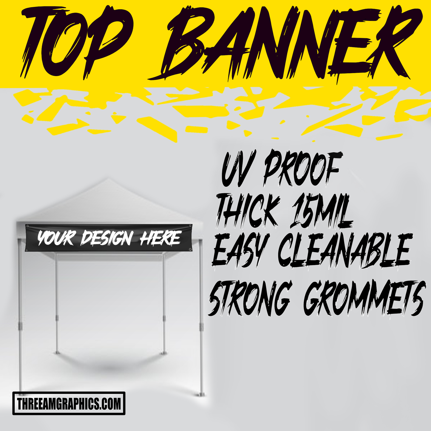 Image highlighting the key features of a custom banner, including weather resistance and vibrant color printing