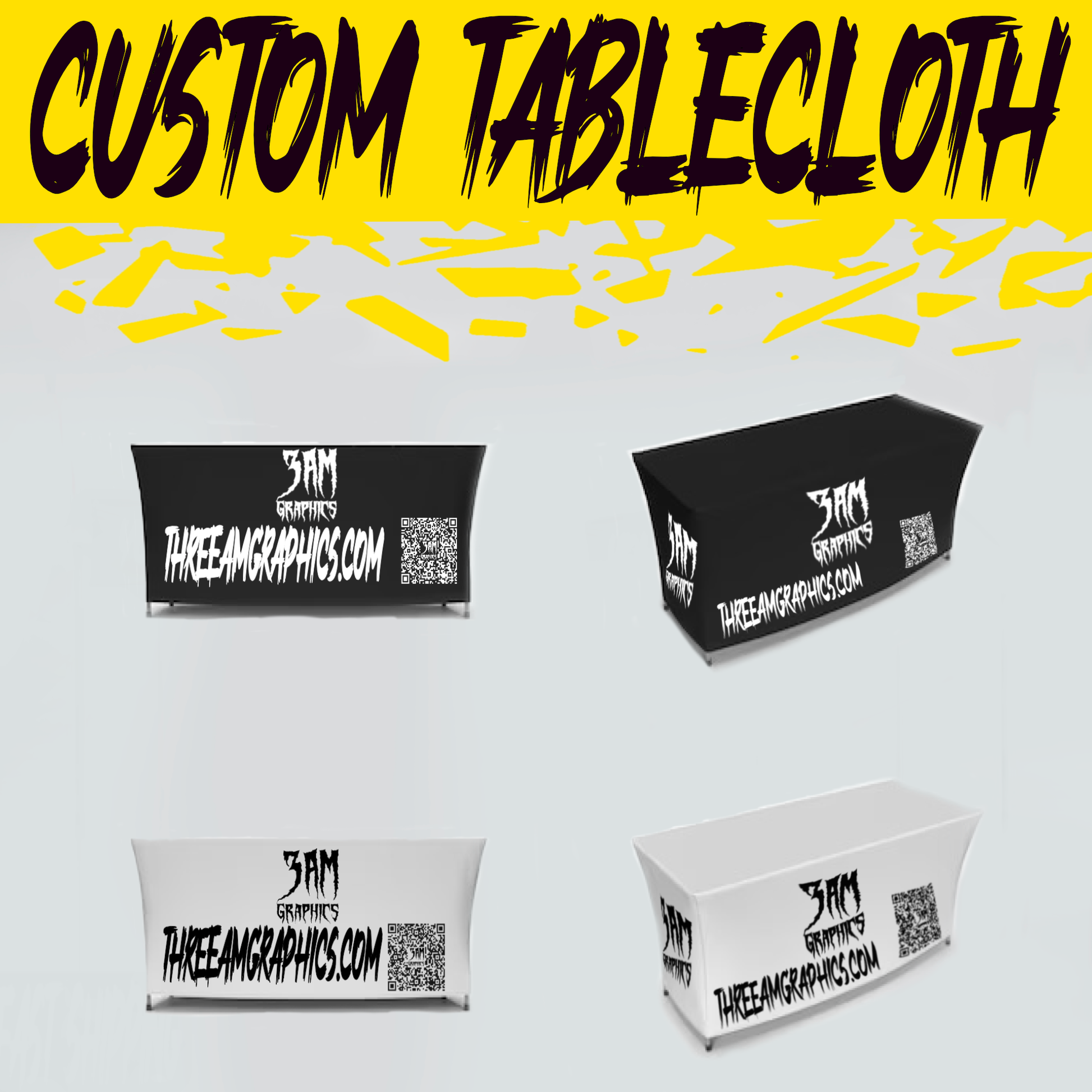 Custom Tablecloth featuring a high-quality, wrinkle-resistant polyester fabric with full-color printing for logos, graphics, or event branding. Ideal for trade shows, corporate events, weddings, and more, offering a polished and professional appearance.