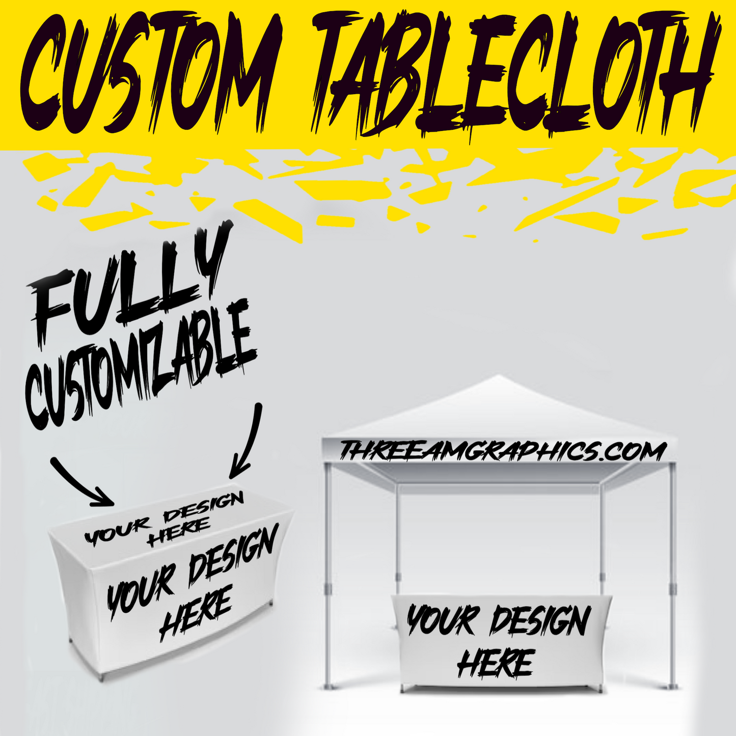 Custom Tablecloth featuring a high-quality, wrinkle-resistant polyester fabric with full-color printing for logos, graphics, or event branding. Ideal for trade shows, corporate events, weddings, and more, offering a polished and professional appearance.