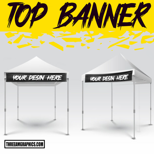 Image of a custom banner designed for a canopy, featuring vibrant colors and bold text.